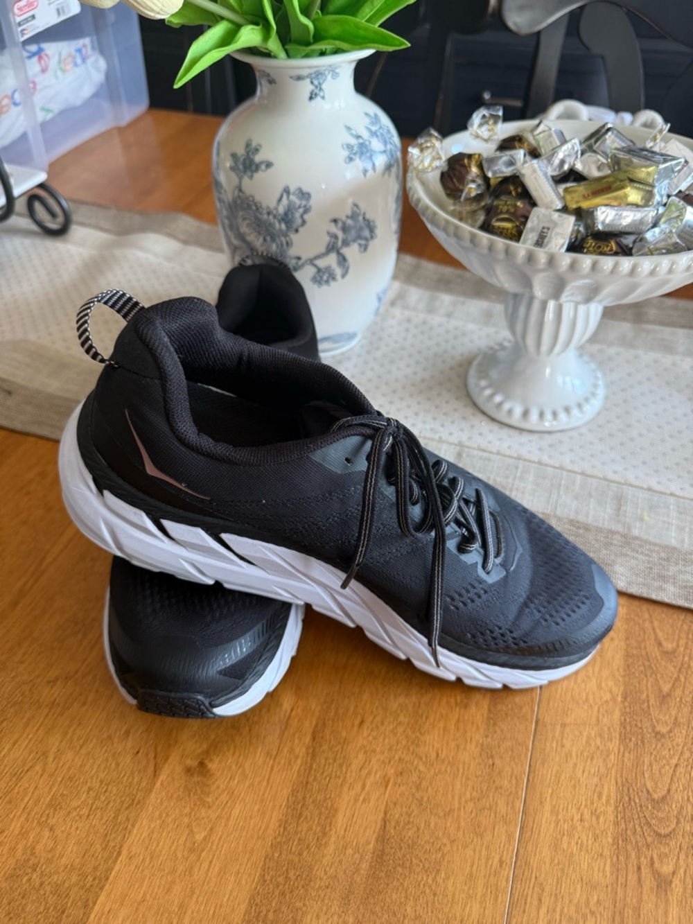 Hoka One One Women’s Black and White Athletic Running Shoes